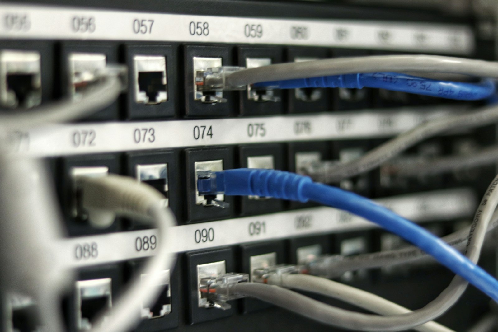 Numbered network ports on a machine-room patch panel